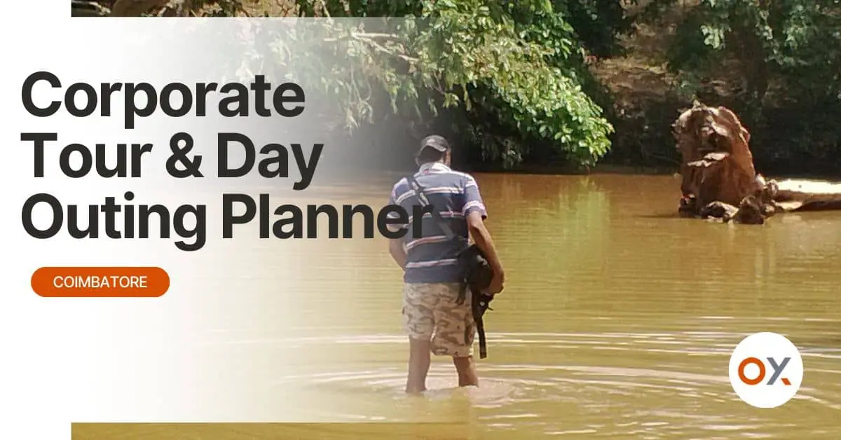 Employee crossing a river with a camera during an adventure team outing organized as part of corporate tour packages
